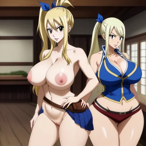 Lucy Heartfilia, a busty woman with big boobs and voluptuous curves, stood in front of the full-frontal photo with her huge breasts and curvy body. She had a mature look on her face as she stared at