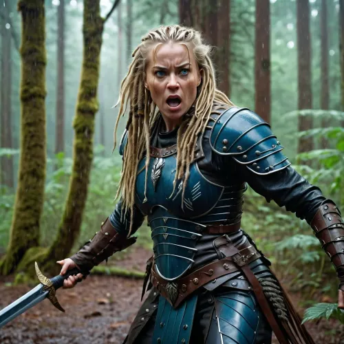 The female warrior stood in the forest, her long blonde hair flowing in the wind. She was a 45-year-old female predator, with blue eyes and a fierce determination to protect her tribe. Her sword was at her side, ready for battle