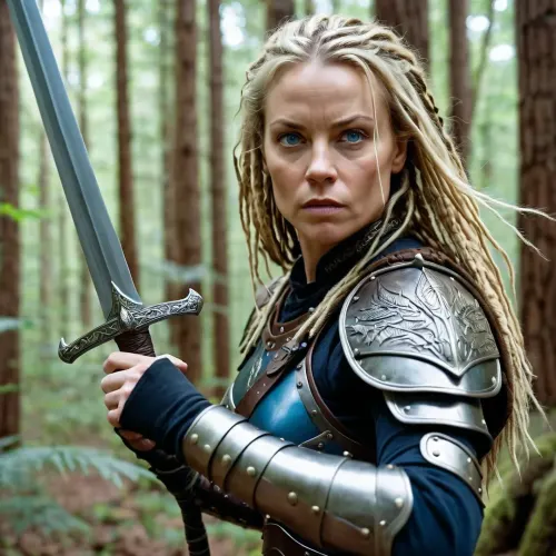 A fierce warrior with long blond hair and blue eyes, wielding a sword in hand, hunted her prey through the thick forest