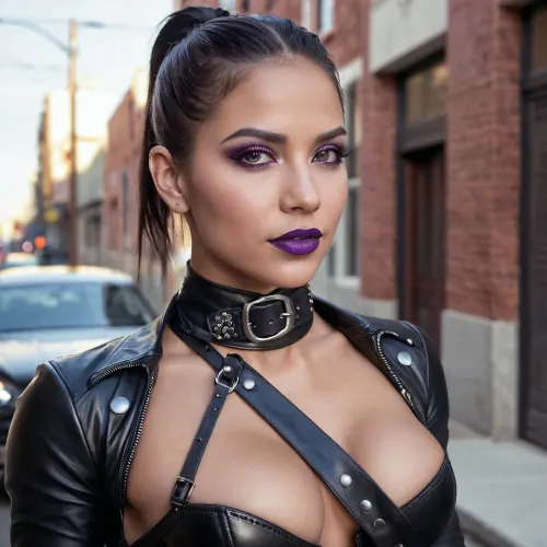Une femme avec une sexy et sexy Latina massive de muscle fille pose nu photo a été capturé dans un corset en cuir noir, chemisier blanc serré, et longs leggings sombres. Elle avait un beau maquillage avec des yeux d'ombre violet clair, violet mat foncé