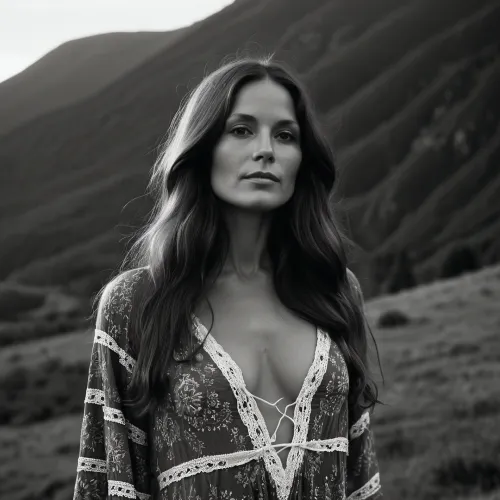 Negli anni '70, una carina 41-year-old hippy style donna di nome Dawn Steele dagli anni '70 ha generato un'immagine con il suo corpo pieno, petto medio, foto monocroma e capelli lunghi