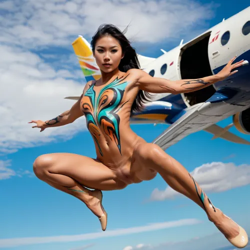 The young Asian woman was in the air, jumping from plane to plane. She had a perfect body with a muscular build and an athletic frame. Her skin was smooth and glowing, and her hair flowed like silk in the wind. As she approached perfection