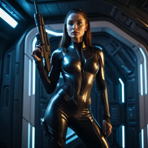 Die futuristische Kriegerin stand vor der Raumschiffswand und hielt ihr futuristisches Laserangriffsgewehr. Sie war in einem eng anliegenden Jumpsuit gekleidet, der ihre Kurven umarmte und ihre Figur akzentuierte. Ihr gezüchtetes Haar wurde perfektioniert,