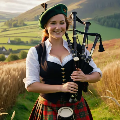 The woman wore a bright tartan beret and a smile that lit up the hills as she played her bagpipes. The air was filled with the sweet scent of freshly cut grass and the sound of birds chirping in the distance. As she