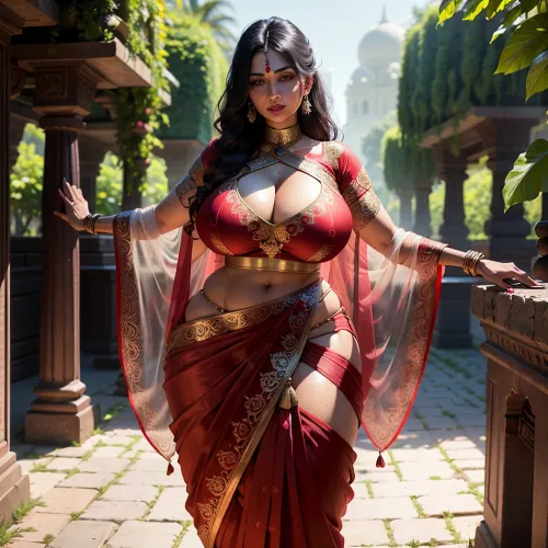 A stunning Indian woman with flawless skin, deep red lipstick, and hourglass figure stood tall and proud in a saree that hugged every curve of her body perfectly. Her eyes were wide open, showcasing the perfect detail of her gorgeous brown