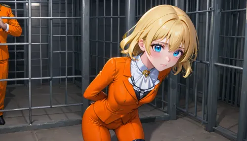 (a young sissy is entering to his new cell from prison), ((she is a man but has a very femenine appereance)), has medium blonde hair and blue eyes, his clothes are a common orange suit from prison, there are two black cellmates waiting for her and they have a clearly bone while looking her, <lora:Khyle_XL:.5>