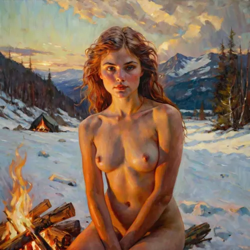 In the dim light of a campfire, a woman's naked body is painted in vivid detail. Her hair is styled in different colors, and her face is visible, but only through the flickering flames. The painting captures the essence of winter landscapes