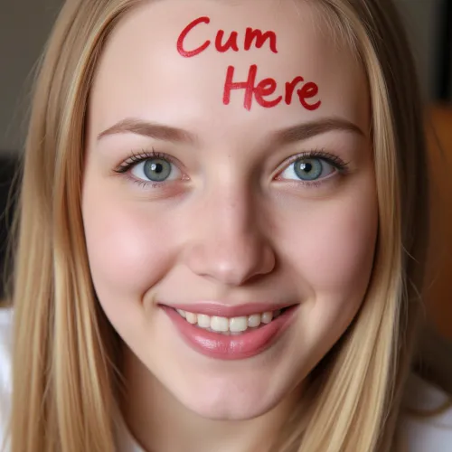 A 19-year-old woman with big blue eyes, freckles, and a sweet smile is looking up to the viewer with red marker on her forehead that reads "Cum Here.