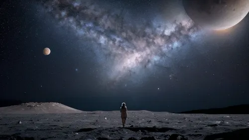 A naked beautiful girl walks on the moon, Millions of stars and planets visible, Detailed craters structure of the moon visible, Alien ships can be seen in the frame, and their space bases, Visible Milky Way and amazing colors of the universe, Very wide frame, Falling comets visible