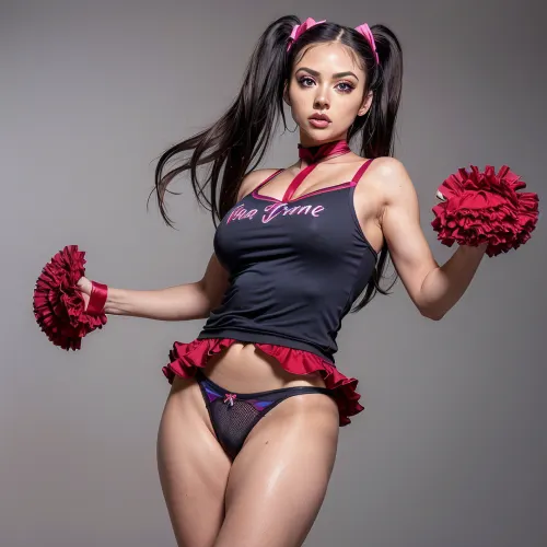 Una mujer filipina de 25 años de edad con ojos oscuros y maquillaje perfecto y accesorios, con un traje de goth con colores oscuros como púrpuras, negros, maroons rojo rosa fondos colores. Tiene músculos grandes en sus brazos y piernas