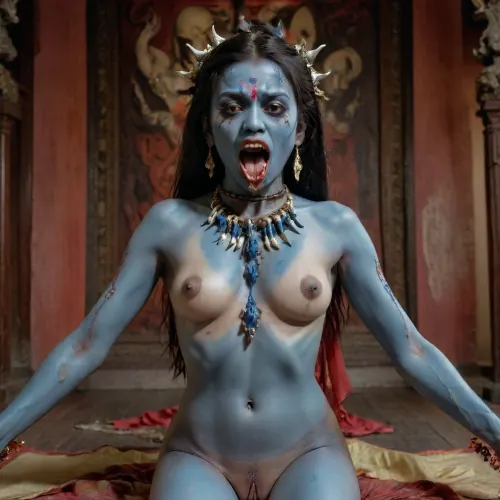 There is 1 woman in the frame. Goddess Kali dances naked. Blue skin. A mouth with sharp teeth, a long tongue, and beautiful bare breasts. The nipples on the chest look down. A severed head is in his hands. She wears a necklace of skulls around her neck., <lora:gossghost:.5>, Long, Labia, Meaty, pussy, <lora:260797_training_data:.5>, <lora:rearpussy-xl-1.0:.5>
