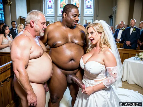 Wedding Party, ((many laughing people wedding party in the church)), stand to guests, highly detailed, Hetero couple, 1 beautiful busty Hungarian-german girl, adult, cute thin girl, bride, in weddingdress, veil, 1 man, on wedding party, many people in room, masterpiece, highest quality, ultra detailed, extreme high quality, 8k, uhd, RAW file, high quality textures, excited expression, perfect face and horny smile, pale wet skin, soft breasts, elastic breasts, large breasts, saggy breasts, pale nipples, beautiful cute bride, (((cute bride))), blonde bride, (f-cup breasts:1.2), (((suck grandpa big cock))), (((jerk off))), on a couch in dark and messy curch room, (obese ugly African man in frame:1.3), man huge belly, realistic erect huge veiny penis, (((cuckold husband beside))), white cuckold, white husband, fccid, blkd, afbbc, blackedscene, wedd00ing, <lora:fccid-000006:.4>, <lora:afbbc:.4>, <lora:Wedding-Style:.5>