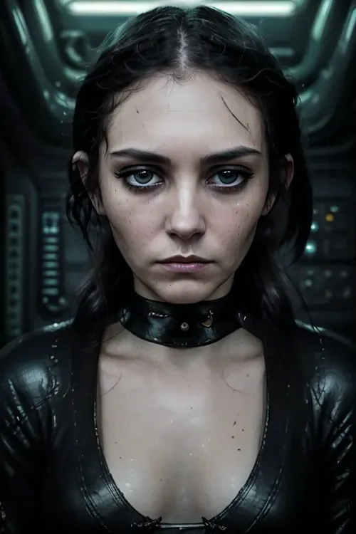 シャープな目とスロッピーな黒の触手が邪魔していた女性の写真は、ノストロモ、40歳の宇宙船に乗っていたときにジュピターにその道にあった