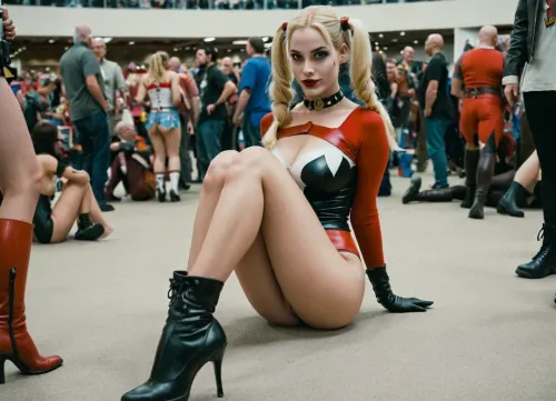 La rédemption de Harley quinn : une convention comique qui dévoile des désirs nus

- Oui.

Dans la foule animée d'une assemblée comique néerlandaise remplie de nerds, une femme frappante s'est distinguée. Ses cheveux blonds attachés en queues de porc, elle a enfilé un cosplay Harley Quinn, avec des bottes de basket stiletto et une robe rouge vibrante. Comme le champ de vue zoomé, sa résolution de 8k a rendu chaque courbe plus captivante - taille mince, longues jambes étendues sur une table, nue mais pour un gode rouge et noir dans sa main et un vibromasseur à ses côtés. Ce n'était pas ton cosplay ordinaire.