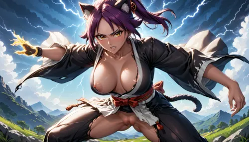 ((1girl)), ((mature and older Yoruichi from Bleach)), ((lightning in hands)), ((lightning all over body)), <lora:Yoruichi12:1.5>, (very dark skin), dark ebony skin, cat-ears, cat-tail, ((panting)), aggressive athletic fighting pose, ready to strike, ready to pounce, in the mountains, sun coming up over mountain, mature, black japanese clothes, black kimono, shinigami clothes, ((tits hanging out)), ((clothes ripped apart)), <lora:checkpoint-e100_s1300:.5>, trained body, wallpaper, close up, clear sky, detailed tits, detailed pussy
