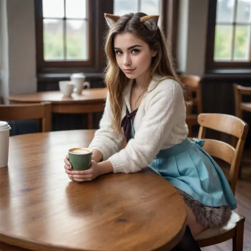 18 years old photo of beautiful woman, furry, sitting on table, coffee, skirt, feline_hybrid, detailed, realistic, <lora:189970_training_data:.8>