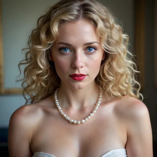 A beautiful woman in her forties with long, golden blonde curly hair cascading over her shoulders and framing her soft, round face. Her expression is a blend of exhaustion and playful mischief, with faint wrinkles at the corners of her piercing blue eyes and full red lips. Small drops of yogurt trail sensually down from her lips to her chin and hands, adding a provocative yet subtle detail to her look. Her nose is prominent, round, and balanced within her soft facial features.

She wears an impossibly long pearl necklace that wraps around her neck several times before cascading down her chest, waist, and pooling gracefully at her feet. The pearls glisten softly in the minimal light, creating a stark contrast to the dimly lit room. Her fingers delicately toy with the pearls, twisting and sliding them between her hands with a sensual rhythm. In her other hand, she lightly holds a banana, its vibrant yellow skin contrasting with the muted tones of her surroundings.

The lighting is dim and dramatic, casting soft shadows across her face and body. The atmosphere is intimate and mysterious, with the faint texture of the rough, unpolished floor visible beneath her. The scene is framed with a moody, cinematic quality, emphasizing the interplay of light and shadow. Her expression remains inviting yet enigmatic, the soft curves of her body highlighted subtly by the delicate glow of the pearls and the faint sheen of her skin, blonde hair, long curly hair, round face, faint wrinkles, blue eyes, red lips, yogurt droplets, pearl necklace, toying with pearls, banana, dim lighting, dramatic shadows, soft curves, minimal light.
lora, (long_curly_blonde_hair:1), lora, (pearl_necklace_lora:1), (moody_lighting_lora:.8), soft_curves_emphasis, 1.2.