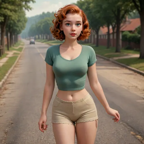 Young, Girl, chubby, cute, skin spots, acnes, skin blemishes, long neck, nearsighted, wild ginger hair, natural light red hair, radiant green eyes, freckles, pale skin, shot on 35mm, ultra high resolution, 8k, ultra realistic, photorealistic, beautiful, studio lighting, photon mapping, radiused, physics based rendering, ((bob haircut with large curls), red shoes, very attractive hitchhiker standing by the road, legs wide apart, hands by head, realistic nipples, realistic pussy, realistic anus, realistic anatomy, realistic pose, front view, (1950s/1960s vintage color photograph:1.7), taken with Kodak, 35mm film, 16mm lens, grainy, real, (best quality, ultra-detailed, fine detail, highres, 8k wallpaper:.5)), <lora:princess_xl_v2:.5>