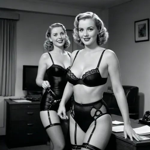1938, Boston, new york, America, secretary, titsy mvctitsyface, curvy, blond, beauty, with ringlets, cowers in her office, being chased by Robby the robot from forbidden planet, in only her underwear, black balconette bra, black and tan high cut panties, garter belt, girdle and black stockings, stilettos and a smile. Shot in Black and white film.