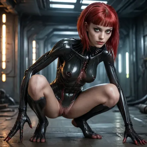 Xenomorph alien Girl, (human face, alien arms end leggs, tits and pussy naked, covered in oil, full Body visible), Doggystyle fucking Cyberpunk Android girl, cyberpunk Android girl, HAIR, (Red hair, Undercut), OUTFIT, (Cyborg mech suit, DARK Eyeliner, Long eyelashes), POSE, (squatting, feet together and knees apart), Xenomorph, <lora:Xenomorph v2:.8>, <lora:CyborgMechExosuit_v1.5:.3>, <lora:284451_training_data:2>