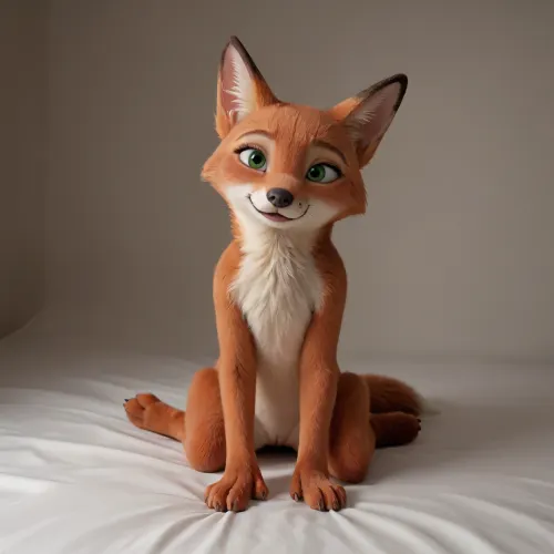 Pretty naked female version of Nick from cinema Zootopia. She is a cutest furry fox, with small breasts, small peach pussy and cute anal. She sits and show us she's pussy in doggy style pose. She have soft foxes paws, years and tail. All she's body is a orange foxes furr. Arms, legs and body is a orange soft foxes furr. She have green eyes. She feels little uncomfortable. She is little shy. She sits and show us she's pussy and anal. Doggy_Style_Pose Furry_Fox