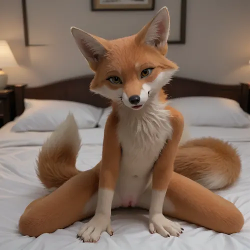 Furry, Furr, Animal, Animal-like, shaved pussy, spread pussy, front view, staring at viewer, sitting at the bed, doggy style pose, full, beautiful body, fox, orange furr, white body