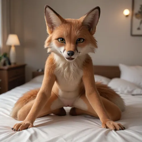 Furry, Furr, Animal, Animal-like, shaved pussy, spread pussy, front view, staring at viewer, sitting at the bed, doggy style pose, full, beautiful body, fox, orange furr