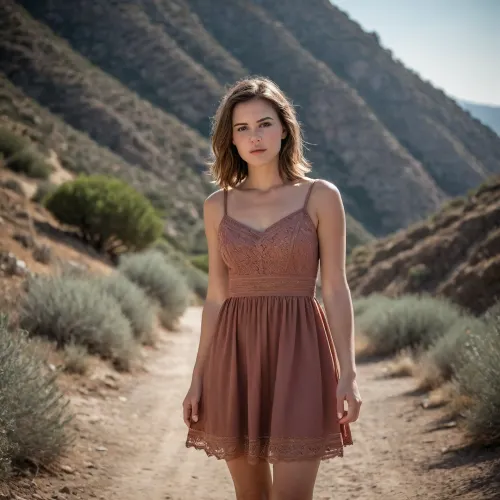 Ein Meisterwerk im südlichen Kreta, die bralose Brünette in einem Minikleid inmitten einer Abenteuerlandschaft