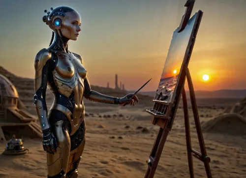 (4K UHD ultra-detailed RAW photo), high detailed, 8k, (photorealistic:1.7), ((solo)), A female robot artist, ((paints sunsets)), on the surface of an artificial planet, ((easel)), distant view, Tatooine, <lora:Tatooine:.8>, Photography, stvmccrr, style, <lora:stvmccrr:.8>, Cybernetic, <lora:Cybernetic:.8>