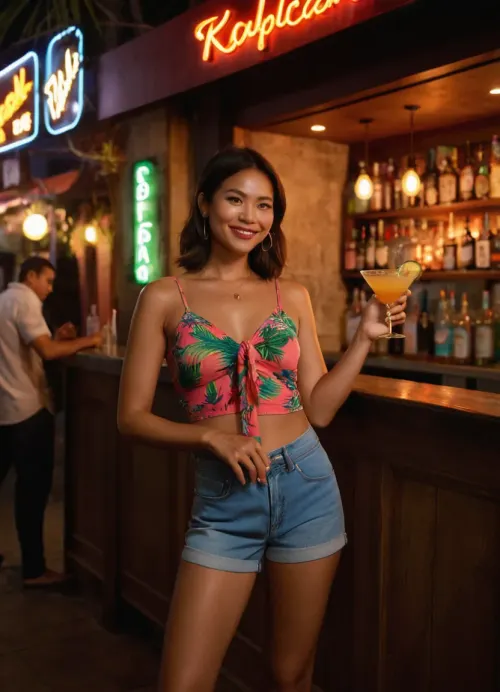 "A vibrant scene outside a lively bar in Thailand, where a woman stands in the doorway, energetically promoting drinks and encouraging customers to enter. She’s dressed in a colorful, casual outfit, perhaps a tropical-patterned top and denim shorts, with a friendly, welcoming smile. The warm evening lights of the bar glow behind her, casting a soft, inviting atmosphere. The street is bustling with people and neon signs, and palm trees gently sway in the tropical breeze. Her posture is enthusiastic, holding a cocktail in one hand and gesturing toward the bar with the other, as she beckons potential customers to join the fun."
