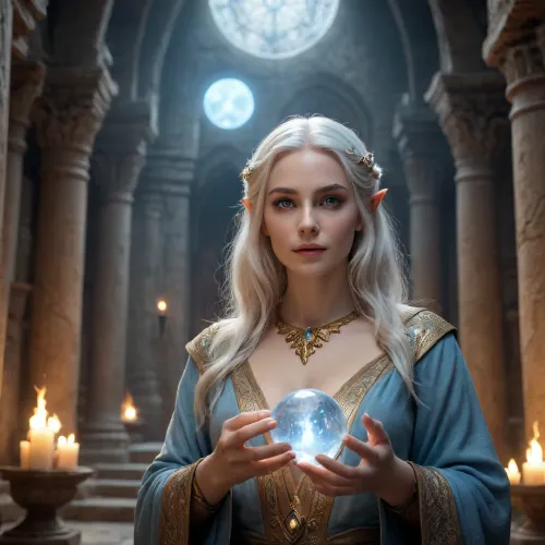 a mysterious elven sorceress holding a glowing crystal orb in both hands, stands in an ancient stone temple lit by flickering torches. She wears an invisible robe that reveals her hairy pussy and breasts, ornamented with embroidery and golden jewels, and her silvery-white hair cascades over her shoulders. Her piercing blue eyes glow faintly as she gazes at the orb. The setting is dark and mystical, with arched ruins and magical symbols engraved on the walls. The character is detailed in a high fantasy style. Angled at eye level. The art style is cinematic realism with a high level of detail