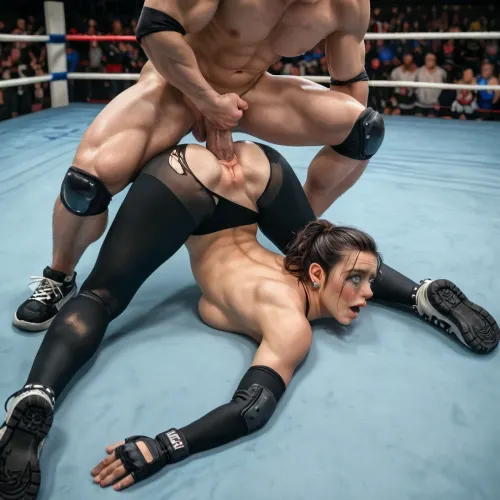 8K, uhd, hyper-realistic, photorealism, masterpiece, (detailed face and eyes:1.3), (photorealistic face and eyes:1.3), (1man, 1woman), (open eyes:1.2), (a wrestling match between an athletic woman and a lean man has ended in defeat for the woman, her punishment is getting fucked aggressively in a boxing ring with spectators on all sides, the man has pinned her to the mat in a twisted body position and is fucking her ass and pussy:1.1), (both people are wearing lycra wrestling suits:1.3), (very lean man:1.3), (man is similar height as woman), (big balls:1), (doggystyle), (foot on head:1.2), (head pinned down, ass up), (cock in pussy), (exhausted and defeated expression, tears:1.1), (torn sexy wrestling outfit:1.3), (torn lycra tights:1.3), (half nelson), (full nelson), (knee pads, elbow pads, wrestling shoes), view from above, <lora:MJ52:.8>
