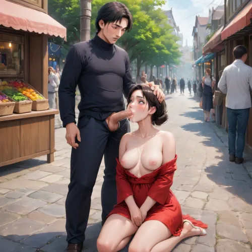 ghibli style, Studio ghibli art, public marketplace, man and Woman, man standing, Woman Kneeling and sucking his dick, public blowjob, cumshot, cum on face, cum in mouth, clothes on, Woman fingering herself, Nipples visible