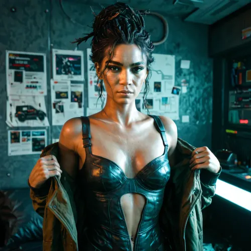 (maximum realistic), (hyper-detailed), best quality, masterpiece, dim indirect lighting, pale complexion, velus hairs, skin imperfections, artistic pornographic photoshoot pose, undressing tease, ((NSFW)), (sexy:1.19), (seductive Panam Palmer:1.23), (Cyberpunk 2077 setting)
