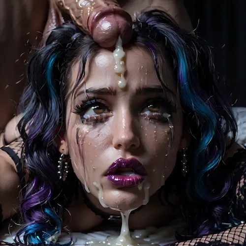 Score_9, score_8_up, score_7_up, (close-up of her face:1.4), (cock on her head), (1girl, 1man), (long hair), (multicolored hair, (The girl is crying), (dark purple hair), (bright blue hair)), (twintails), (wavy hair), (messy hair), submissive, (pointy breasts), (retrousse tits), (nipple piercings), (bimbo slut makeup), (mascara running down her face), (incredibly long lashes), (bimbo lips), (black lipstick), (super snatched waist), (pencil waist), (huge bbl ass), (oiled glossy skin), (sweaty skin), (shaved pussy), (white skin), (pale skin), (gothic), (goth), (tan lines:.8), (brown eyes), (perfect mouth), (perfect lips), (topless), (bottomless), (no clothing except a black garter belt and black fishnet thigh-high leggings and black platform stilettos and black fishnet arm sleeves), perfect eyes, (she's laying prone on a bed with her face near the viewer:1.2), (cock on the top of her head:1.2), (excessive cum dripping in a line from the cock down her forehead and nose and lips and chin:1.4), (very clear cum:1.4), exhausted, tired, hair and makeup was elegant and beautiful but is now messy and disheveled after hours or rough sex, (ruined makeup), (smudged lipstick smeared across face), (cum running out of her nose and mouth onto the bed:1.1), (excessive amounts of cum:1), (vacant expression:1), (fucked stupid, brainless), (black walls), (gothic bedroom), (blue and purple neon lighting), (bright neon lighting), HighRes Fix, ADetailer, Inpainting, Upscale, Photoshop, <lora:PerfectEyesXL:.8>, <lora:dark:.5>, <lora:315758_training_data:.8>