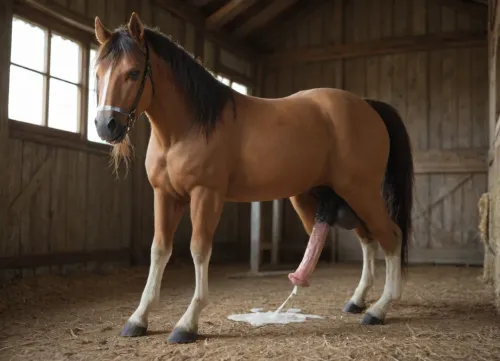 Horse_penis, horse, stallion, equine, anatomical correctness, wide angle, veiny equine monster cock, realistic, realistic proportions, singular human woman with brown hair and green eyes english, woman masturbating a stallion penis whilst under the stallion, barn scene, horse standing over woman on all fours, full body shot, woman kneeling under horse, shocked expression
Large huge creamy cumshot, cum pooling under woman, woman masturbating large equine horse cock, woman playing tugging on horse dick