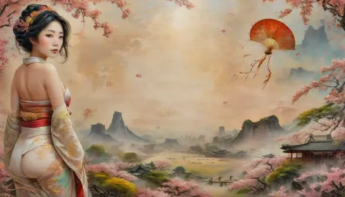 masterwork, cherry blossom festival, temple, festival of kites, (topless geisha:1.5), flying kites, ink, landscape, painting, (Chinese calligraphy), <lora:SDXLFaeTastic2400:1.4>, <lora:add-detail-xl:.8>, <lora:Fresh Ideas@Southern Song Dynasty landscape paintingSDXL:1>, <lora:ptgs:.8>, from behind, looking back at camera, (she is flying a kite in the sky)