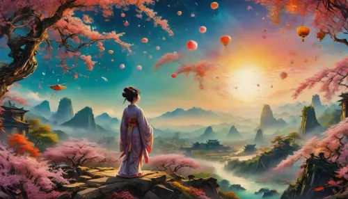 masterpiece, best quality, highres, cherry blossom festival, temple, festival of kites, (geisha), flying a kite, ink, landscape, painting, (Chinese calligraphy), <lora:SDXLFaeTastic2400:1.4>, <lora:add-detail-xl:.8>, <lora:Fresh Ideas@Southern Song Dynasty landscape paintingSDXL:1>