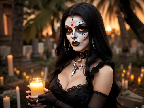 Photorealistic, Very detailed, deep depth of field, ultra-high resolution, Sharpened, Parallax, Overexposure, Wide Angle, PopArt, Cinematic, Dramatic dark sunset with long shadows, A young, stunning, wild, seductive, coquettish, slender, Mexican woman, She is wearing a La Muerta costume and La Muerta Makeup, Mexican jewelry, She is performing an occult La Muerta ceremony in a cemetery in Mexico with a skull, (She hold a scull), (sculls and candles stand on the floor), Candlelight, She have flat small breasts, natural soft shining skin, soft face and body, She plays romantically with her hair, (She is looking in any direction), (((bird's-eye view from any direction))), (Face closeup)