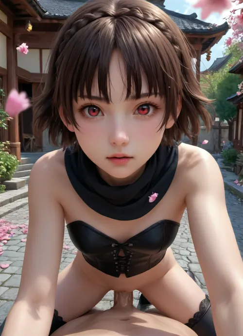 1 girl, makoto niijima, 20 years old, short brown hair, bangs, braid on top of hair, perfect face, strong orgasm face, mouth opened, big mesmerizing lit vibrant red eyes, skinny, small b cup breasts, tight long black gloves, tight black boots, black scarf floating in the wind, black quality leather laced corset opened, around neck, kneeling, bent over viewer, riding viewer, fucked by viewer, POV fucked, massive penis deep in pussy, deep vaginal penetration, POV cheek warming, squirt dripping massively, extreme squirting, in front of small wooden japanese temple, zen garden, (very windy, wind blowing on hair and scarf), (many pink petals falling), dsmakoto, dsqueen, lattezen, garden, color, <lora:dsmakoto_a3b:.8>, <lora:Makoto_Shinkai:.8>, <lora:大阳 枯山水景观 SDXL:.8>, <lora:detailed_notrigger:.8>, pov, reaching, towards, viewer, <lora:cheekwarmnoobvpred:.8>