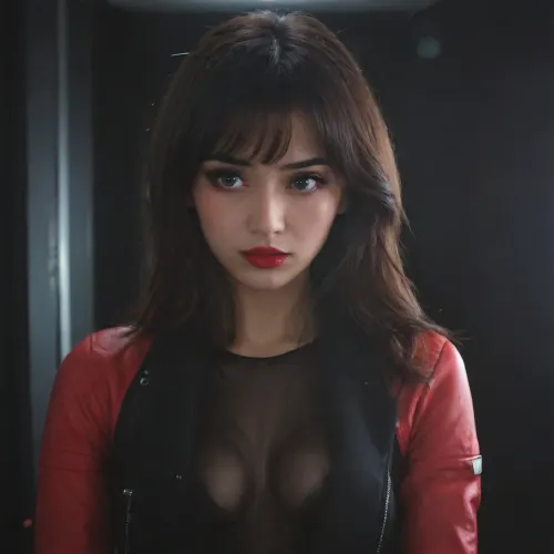 A beautiful Asian brunette woman, with black eye liner, bright red lipstick, wearing a futuristicspace jacket with a black logo and ripped skinny jeans, sitting in the dimly lit cockpit of a futuristic space freighter interior, hundreds of glowing buttons and hologram displays dimly light the interior, she gives a seductive look towards the camera, Large Perky breasts, ample cleavage, theme, dark, chiaroscuro, low-key, alt, fashion, <lora:zavy-cntrst-sdxl:1>, <lora:alt_fashion_v2:.8>, <lora:256210_training_data:1.8>, incase, style, <lora:287175_training_data:.8>, HRGM, hair, ring, in, mouth, tie, tying, adjusting, hold, a, black, on, her, <lora:hair_ring_SDXL_v1:.8>