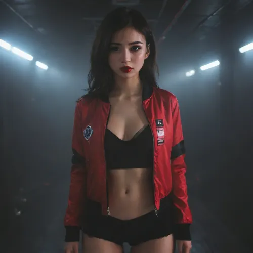 A beautiful Asian brunette woman, with black eye liner, bright red lipstick, wearing a futuristicspace jacket with a black logo and ripped skinny jeans, sitting in the dimly lit cockpit of a futuristic space freighter interior, hundreds of glowing buttons and hologram displays dimly light the interior, she gives a seductive look towards the camera, Large Perky breasts, ample cleavage, theme, dark, chiaroscuro, low-key, alt, fashion, <lora:zavy-cntrst-sdxl:1>, <lora:alt_fashion_v2:.8>, <lora:256210_training_data:1.8>, incase, style, <lora:287175_training_data:.8>, HRGM, hair, ring, in, mouth, tie, tying, adjusting, hold, a, black, on, her, <lora:hair_ring_SDXL_v1:.8>