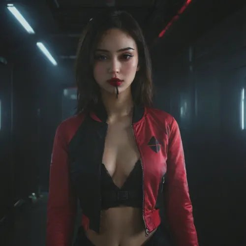 A beautiful Asian brunette woman, with black eye liner, bright red lipstick, wearing a futuristicspace jacket with a black logo and ripped skinny jeans, sitting in the dimly lit cockpit of a futuristic space freighter interior, hundreds of glowing buttons and hologram displays dimly light the interior, she gives a seductive look towards the camera, Large Perky breasts, ample cleavage, theme, dark, chiaroscuro, low-key, alt, fashion, <lora:zavy-cntrst-sdxl:1>, <lora:alt_fashion_v2:.8>, <lora:256210_training_data:1.8>, incase, style, <lora:287175_training_data:.8>, HRGM, hair, ring, in, mouth, tie, tying, adjusting, hold, a, black, on, her, <lora:hair_ring_SDXL_v1:.8>