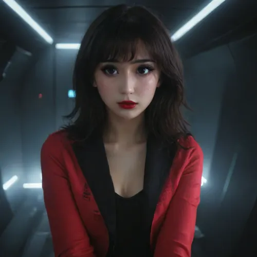A beautiful Asian brunette woman, with black eye liner, bright red lipstick, wearing a futuristicspace jacket with a black logo and ripped skinny jeans, sitting in the dimly lit cockpit of a futuristic space freighter interior, hundreds of glowing buttons and hologram displays dimly light the interior, she gives a seductive look towards the camera, Large Perky breasts, ample cleavage, theme, dark, chiaroscuro, low-key, alt, fashion, <lora:zavy-cntrst-sdxl:1>, <lora:alt_fashion_v2:.8>, <lora:256210_training_data:1.8>, incase, style, <lora:287175_training_data:.8>, HRGM, hair, ring, in, mouth, tie, tying, adjusting, hold, a, black, on, her, <lora:hair_ring_SDXL_v1:.8>