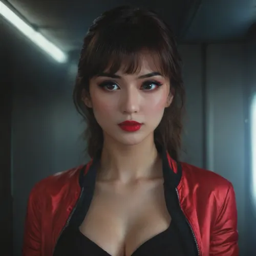 A beautiful Asian brunette woman, with black eye liner, bright red lipstick, wearing a futuristicspace jacket with a black logo and ripped skinny jeans, sitting in the dimly lit cockpit of a futuristic space freighter interior, smoking a cigarette, lit cigarette in her mouth, hundreds of glowing buttons and hologram displays dimly light the interior, she gives a seductive look towards the camera, Large Perky breasts, ample cleavage, theme, dark, chiaroscuro, low-key, alt, fashion, <lora:zavy-cntrst-sdxl:1>, <lora:alt_fashion_v2:.8>, <lora:256210_training_data:1.8>, incase, style, <lora:287175_training_data:.8>, HRGM, hair, ring, in, mouth, tie, tying, adjusting, hold, a, black, on, her, <lora:hair_ring_SDXL_v1:.8>