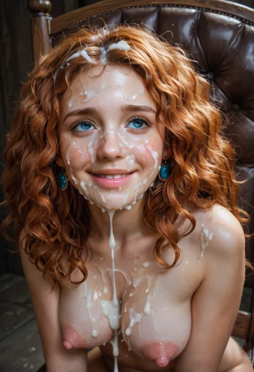 21 year old, Merida from brave movie, close up face shot of her bukkake, body leaning backwards on chair, legs closed, looking off to the side, head tilted slightly upwards, shy happy and smiling, hd Pastel blue eyes and detailed iris, ((Long perfect hair with fringe)), bunches in hair, ((shy and looking away)), realistic gooey thick white cumshots, cum facial, with natural minimal makeup, a lot of Cum on her face, cum on eyelashes, excessive extreme cumshots dripping down her body, perky c_cup breasts, extreme large nipples, puffy dark pink nipples, thick nipples, thick gooey cum dripping from breasts, Cum on her eyelids, Cum on her cheeks, her face wet with Cum, Cum on her pink lips. Cum on her hair, One of her ears dripping cum, excessive cum is dripping from face down her body, bukkake cum between breasts, bukkake, cum, <lora:MS_Real_XL_Bukkake:.1>, <lora:ahxl_v1:.6>