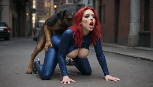 best quality, ultra-detailed, masterpiece, photorealistic, finely detailed, highres, hyper-realistic details, view from below, 19 years old goth girl fucked by big dog knot in kneeling sex, big dog fucking goth girl, doggy style, zoophilia, bestiality, dog knot, men pissing, large masses of piss, dog knot in mouth, thick black lipstick, ruined black makeup, long bright red hair with much volume, detailed face, detailed natural eyes, detailed natural hands, slutty smeared makeup, ruined makeup, perfect hands, perfect fingers, perfect anatomy, very long pig tails, arm-long silver gloves, small waist, long legs, white stiletto high heels, dark eyeshadow, (bimbo:1.5), (goth:1.5), blue full-body skin-tight linen suit covering big breasts, blue linen full-body suit, not naked, (moaning, aroused, orgasm:1.6), (vaginal fluids), night street, used condoms on the girl, used condoms all around, <lora:708827_training_data:.5>