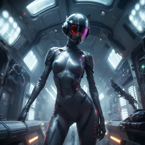 ((ultrarealistic 2020s SciFi movie frame, sexy 21yo unique beauty, naked, skinny, short hair, sexy legs, small breasts, wet pussy)), Movie scene, scifi ship, colorfull profesional lights, (space pilot helmet, holographic visor), so_monsters, infect, monster, girl, 1other, <lora:So_monsters:.5>