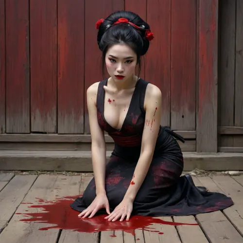 a painting of a woman in a colorful black dress kneeling on the ground in front of a old wooden wall full of blood, she is full of blood splatters, ((She looks at the ground)), fantasy art, cyberpunk art, by Tang Di, takato yamamoto aesthetic, by tom bagshaw, ancient chinese goddess, style of tom bagshaw, cyberpunk geisha, ((looks like an very old painting))