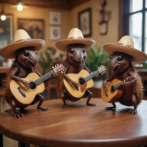 Three cockroaches with sombreros form a samba band, playing acoustic guitar and drums on the table in a cafe